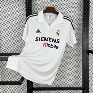 Camiseta local Real Madrid 2002-03 Adidas color blanco con franjas negras y patrocinador Siemens Mobile