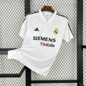 Camiseta local Real Madrid 2004-05 Adidas color blanco con franjas negras y patrocinador Siemens Mobile