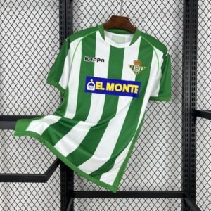 Camiseta local Real Betis 2001-02 Joma color blanco con franjas verdes y patrocinador El Monti
