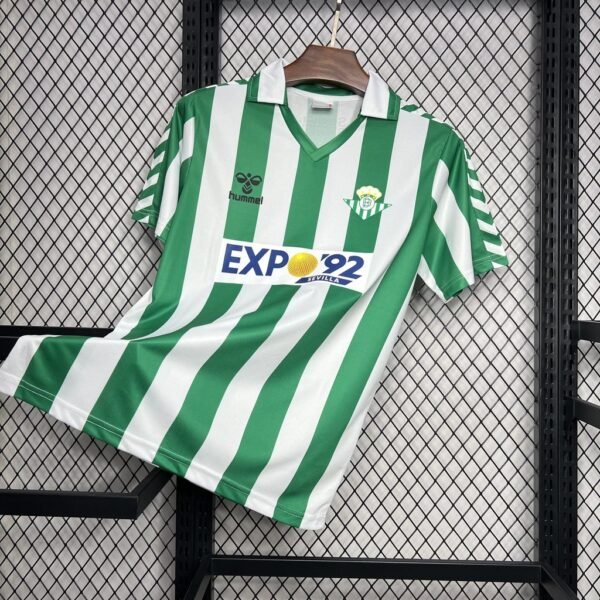 Camiseta local Real Betis 1988-89 Hummel color blanco con franjas verdes y patrocinador Expo 92